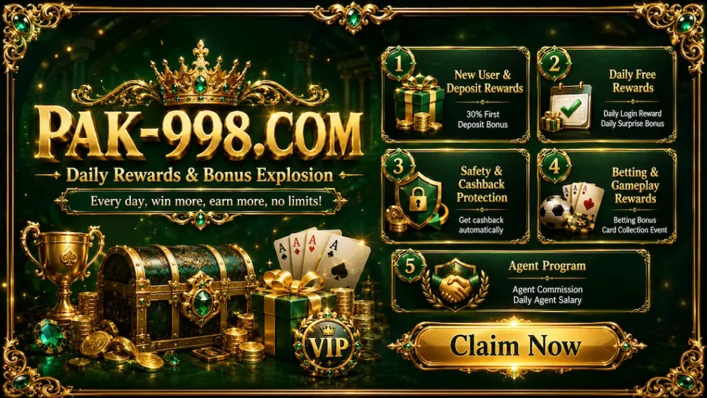 PAK-998.COM daily rewards and bonus banner with deposit, VIP, login, cashback, gameplay and agent rewards