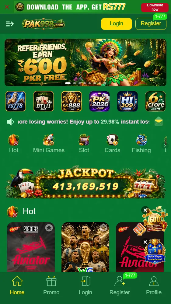 PAK998 Game home screen with casino games and reward buttons