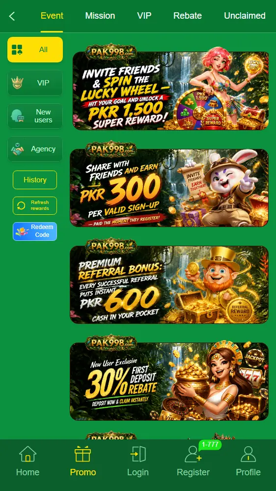 PAK998 Game promotions with signup, referral and deposit bonuses